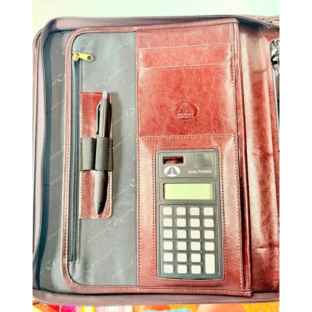 Avenues America Leather Zip Portfolio Binder Calculator Organizer Burgundy